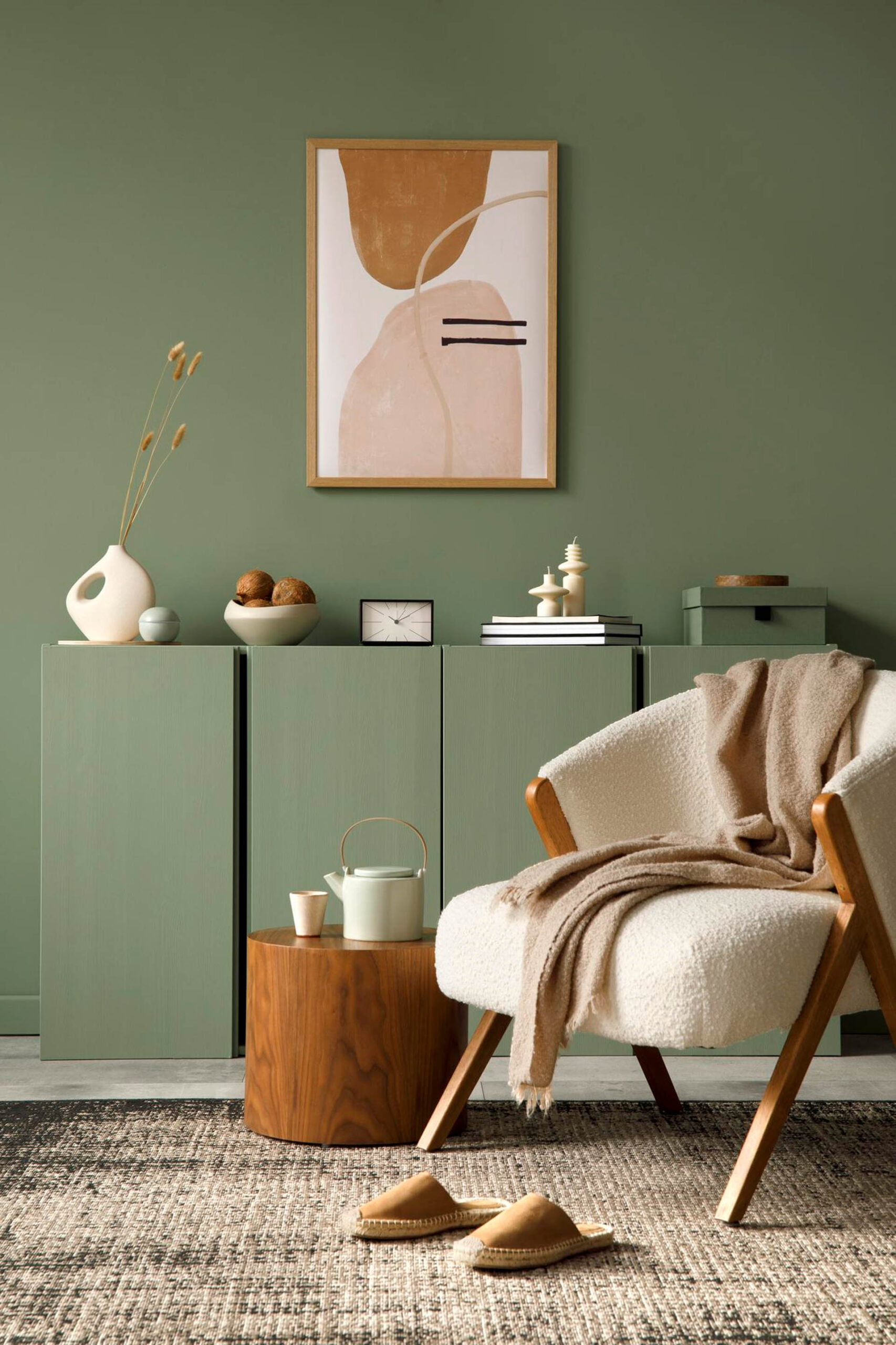 elegant living room interior design with mockup poster frame modern frotte armchair wooden commode stylish accessories eucalyptus wall template copy space scaled 1