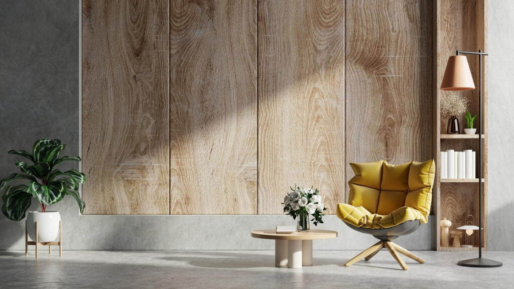 living room interior loft style with yellow armchair empty wooden wall background