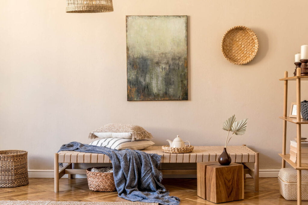 living room with design chaise longue painting rattan decoration wooden cube carpet elegant personal accessories 1